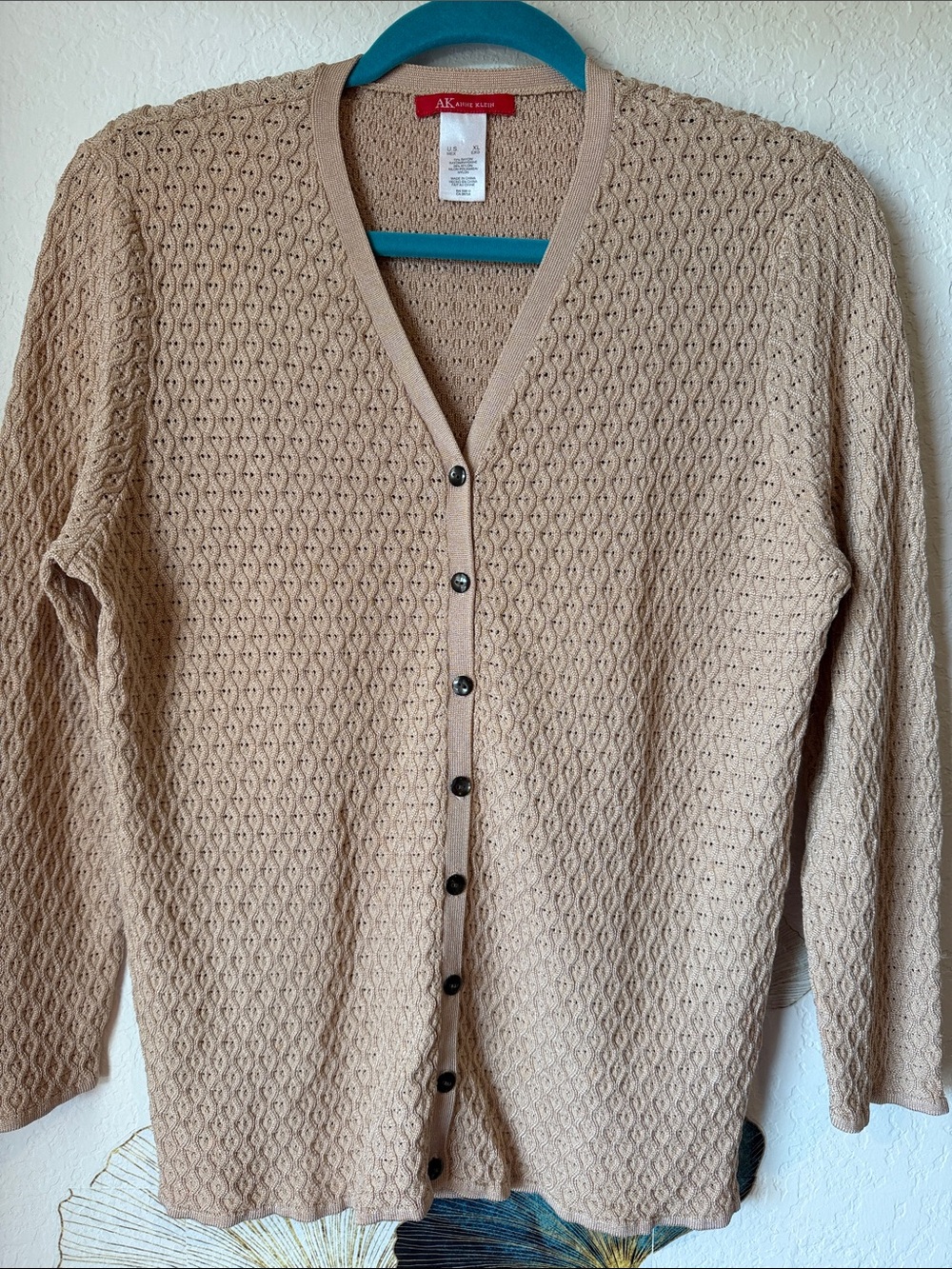 AK Women's Beige Knit V Neck Cardigan
